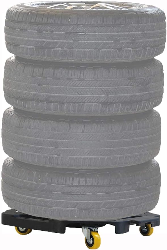 A tire dolly with yellow wheels, with four transparent mounted on the rim tires at top of it.