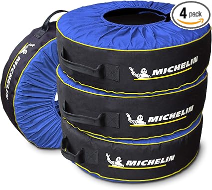 Four blue and black tire covers with a build-up handle and the michelin's logo. 