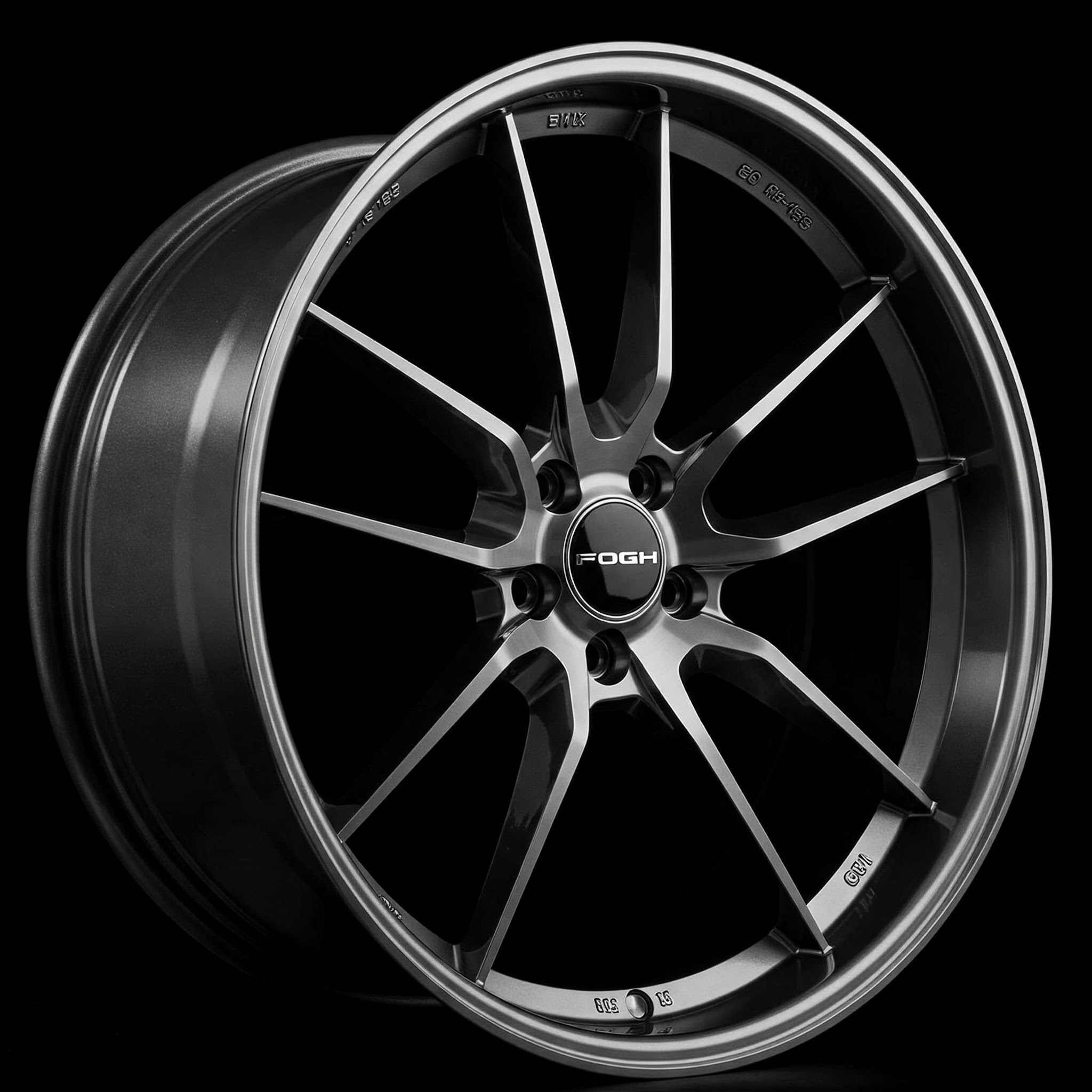 Close-up, angled view of a dark grey  forged aluminum wheel with a detailed multi-spoke design and silver lip on a black background. The wheel is shown without a tire, highlighting its intricate construction and metallic finish.