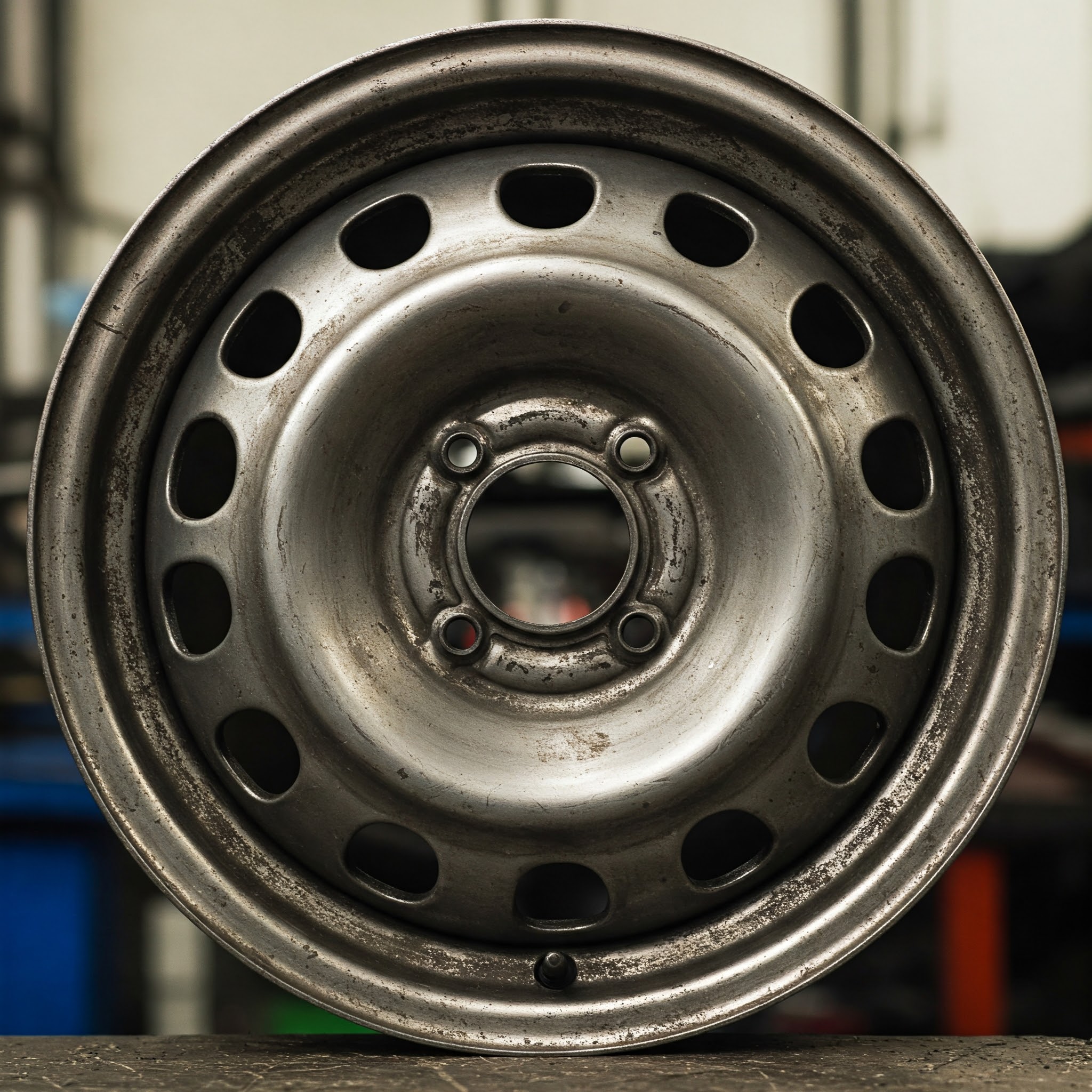 A detailed zoomed image of a steel rim, with a visible damage on it due to using it for a long time. 