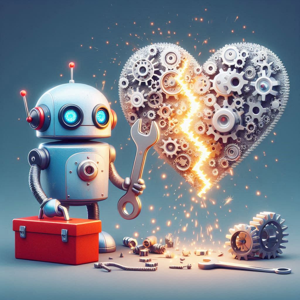 A robot holding a wrench, standing in front of a heart made of gears, symbolizing repair and mechanical troubleshooting.
