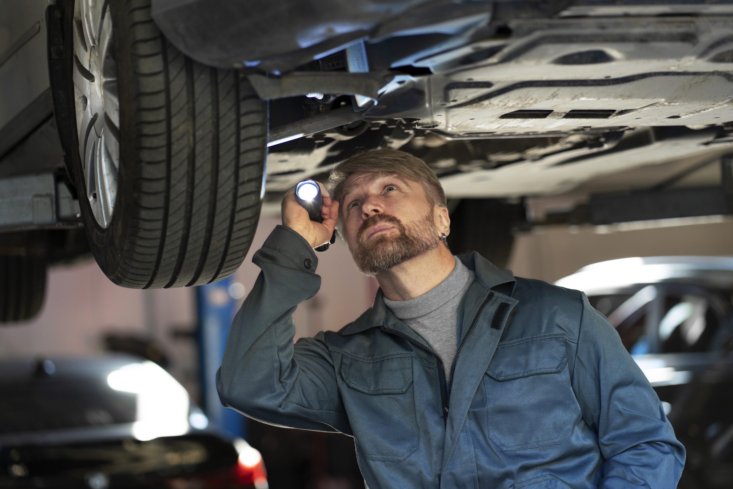 A mechanic, using a flashlight to illuminate the underside of a wheel, is trying to determine the source of steering wheel vibrations when braking. 