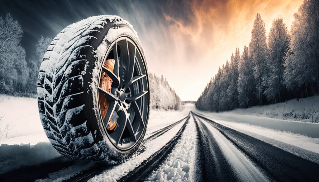 Close-up of a high-performance winter tire rolling on a snow-covered road surrounded by a snowy forest, demonstrating superior traction and safety in icy winter conditions