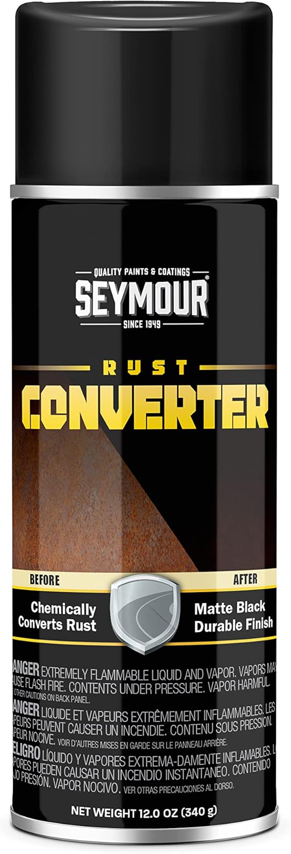A can full of Seymour rust converter on a white background. The lid is black, while the color of the can starts from dark and goes lighter while it comes down. 