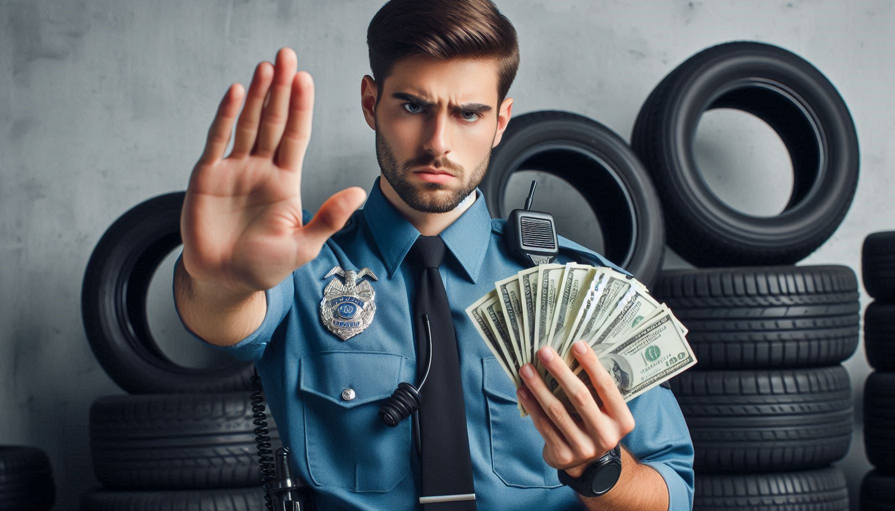 A male white policeman in a blue uniform holding a stack of cash in his right hand, gesturing with his left hand to stop. Tires in the background. The policeman is ready to fine you if you have bald tires. 