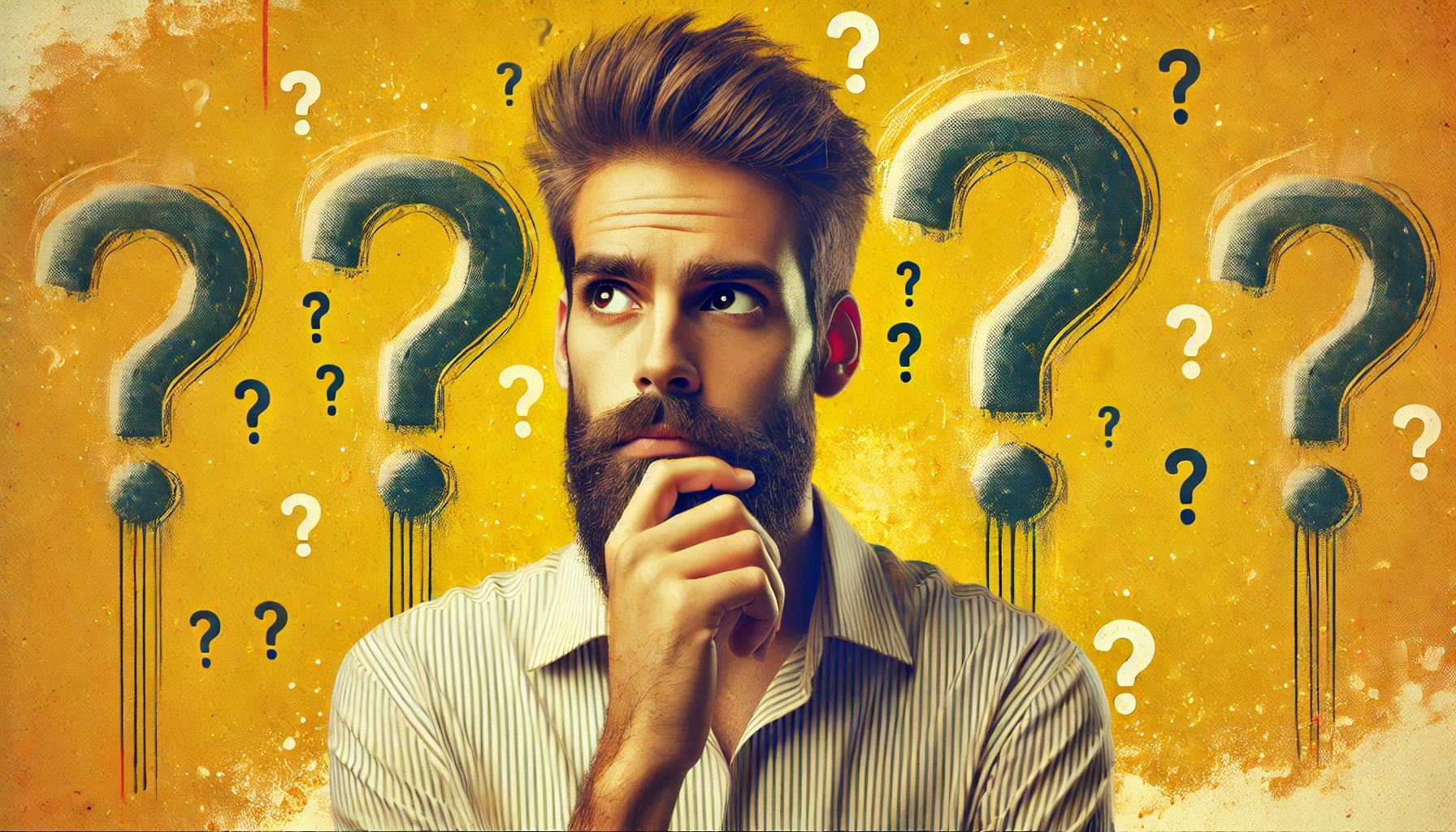 A bearded man wearing a white, striped shirt, with his hand on his mouth, appears thoughtful. Four large question marks are positioned around him – two on each side. Smaller question marks are also visible. The background is yellowish.