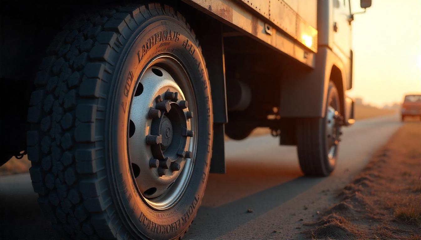 Image of a truck on the road during a sunset, showing its strong bias ply tires up close. 