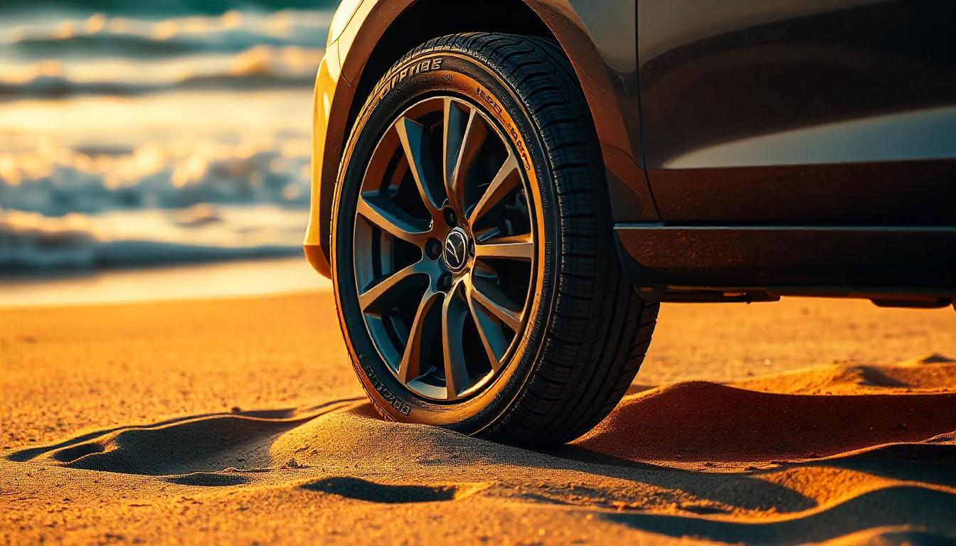 Photograph of car's radial tires on a sandy beach, showing the tire's imprint in the sand, with the ocean waves in the background.