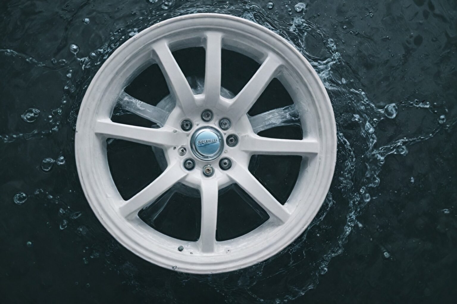 A white rim that is floating on water. The water splashes next to the rim. Representing how water triggers corrosion. 