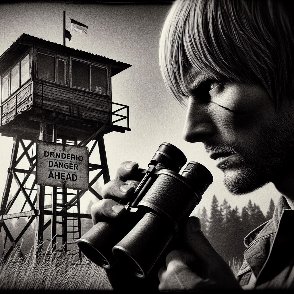 A black and white portrait of a man holding binoculars, gazing intensely towards the distance. In the background, a tall lookout structure can be seen, with a warning sign that reads "Danger Ahead".