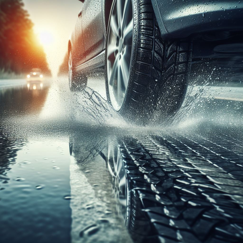 A car, passing through a wet road, and the tires leaves some marks on the wet road, indicating the tire traction ratings explained. 