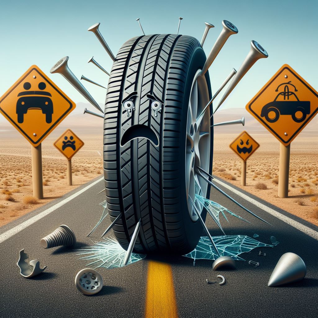 A tire making a sad face, while being attacked by evil road hazards like nails, sharp glass and more.
