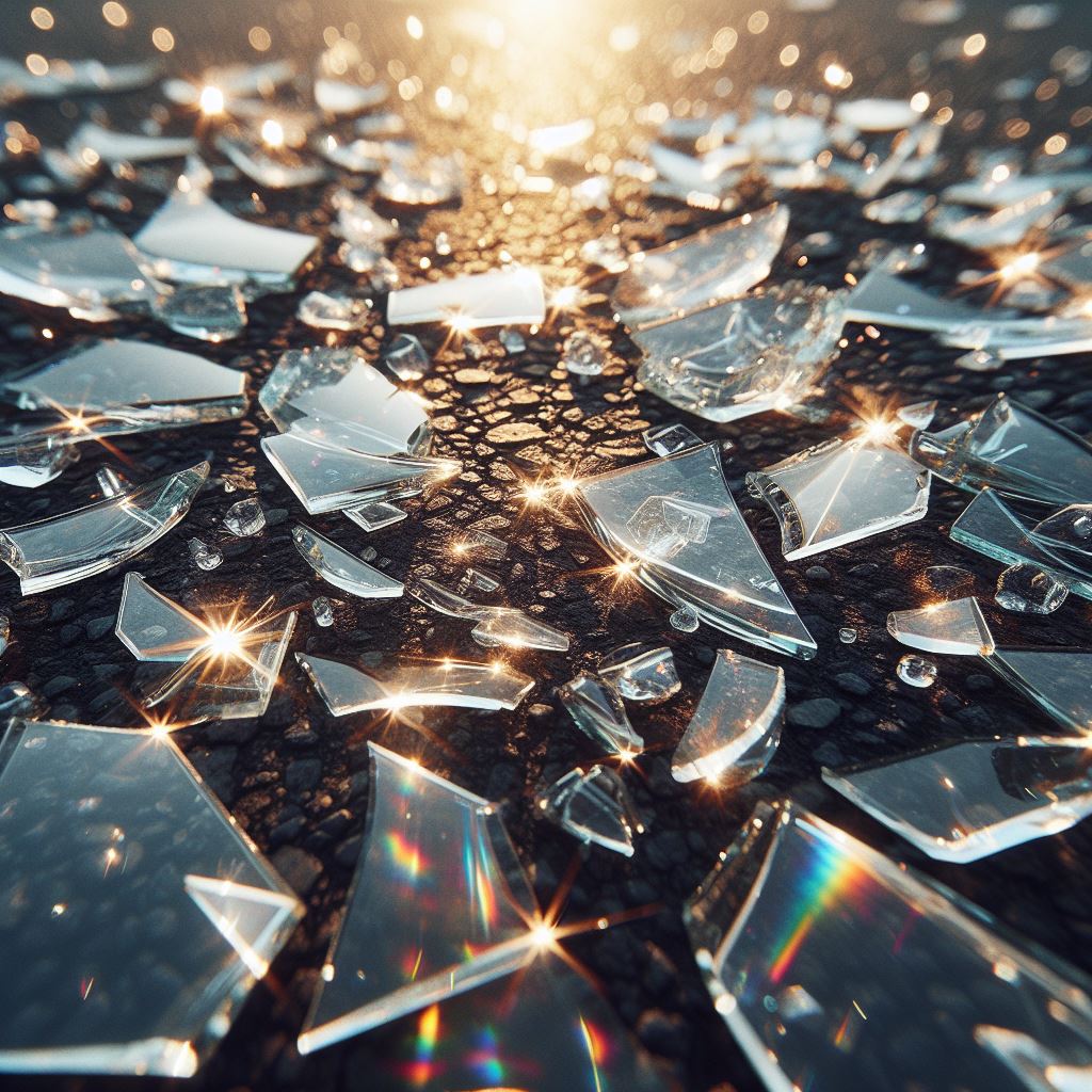 A visually striking image of broken glass and debris scattered on the ground, with sparkling highlights and reflections creating a sense of fragility and damage. The image conveys a sense of destruction.