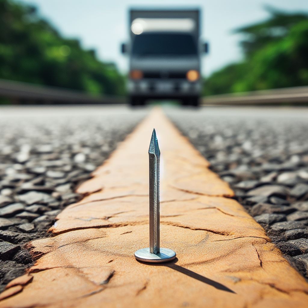A close-up view of a large nail on a road. The nail is positioned in the center of a yellow line. The background is blurred and there is a van approaching. The van is about to hit the nail and puncture its tires. 
