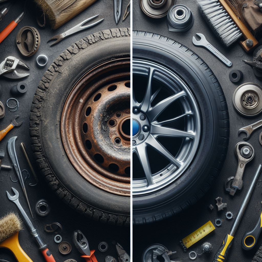 Split view of an old, rusted steel car wheel with a worn tire next to a clean alloy rim with a new tire, surrounded by automotive repair tools like wrenches, screwdrivers, brushes, and bolts on a garage workbench.