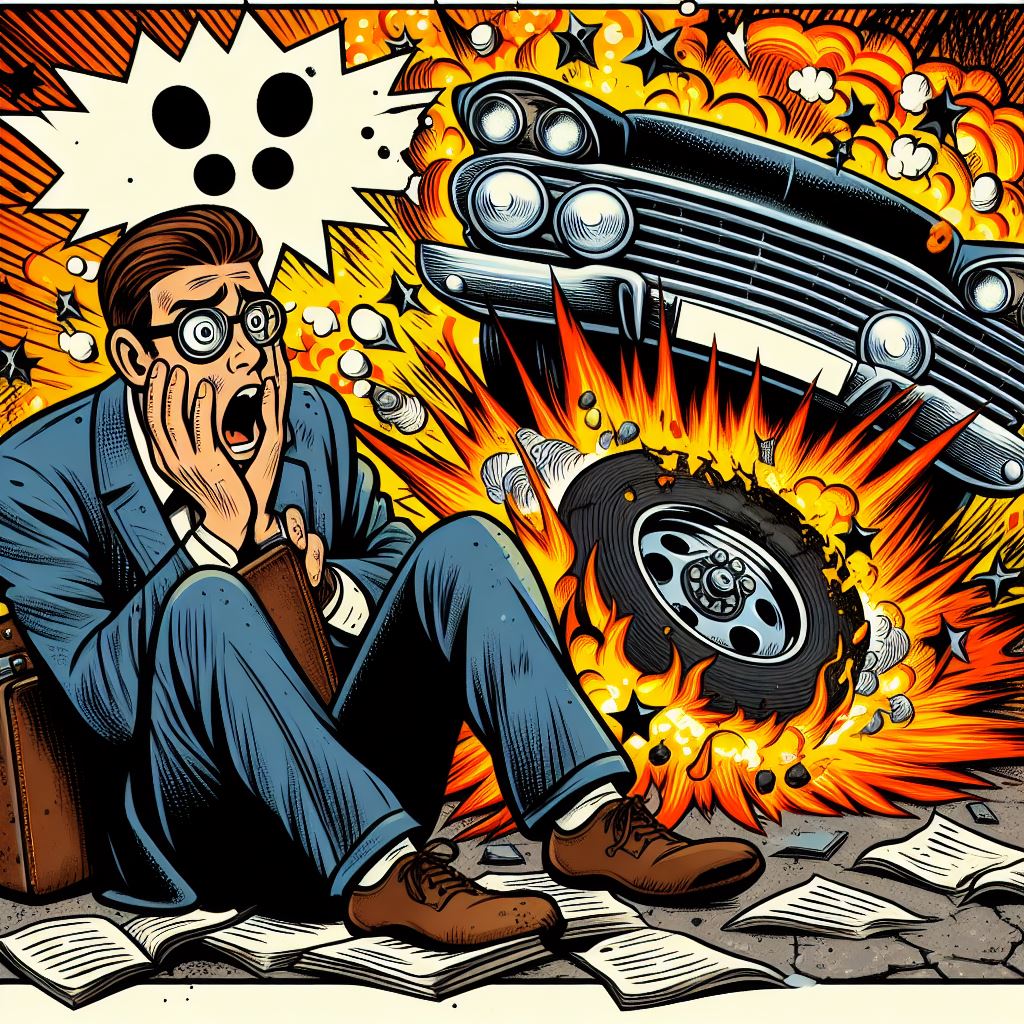 A tire that is blown out, while the person is in panic and is wondering what to do.