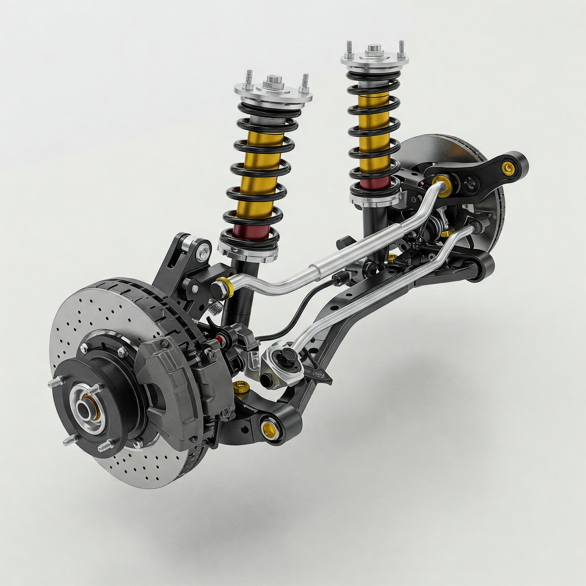 An image of a car suspension system. Every detail, from the brake rotor to the different tubes and bolts is present. 
