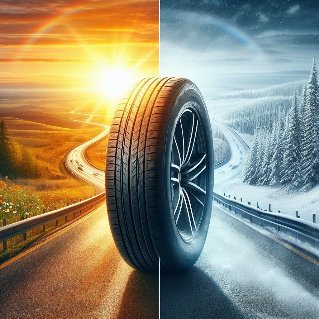 An image of a tire. A highway in the summer as a background on the one side, then a highway in the winter as a background on the other side
