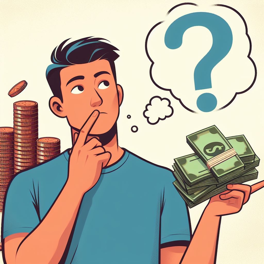 An illustration of a person in a blue shirt standing with a thoughtful expression, their hand on their chin, as they contemplate financial matters. In the background are stacks of coins and dollar bills, suggesting the person is considering the costs or value associated with buying low-profile tires.