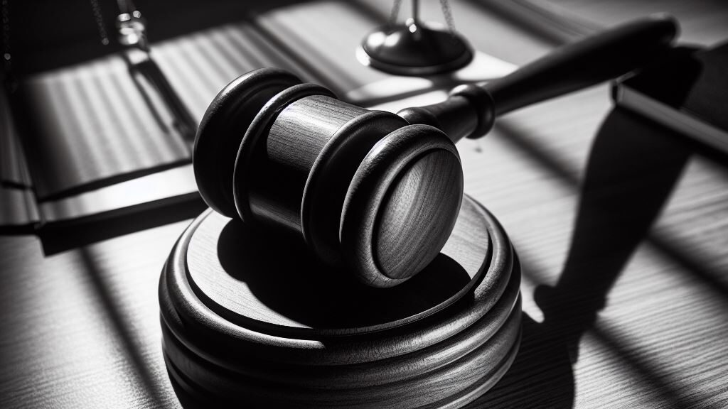 Black and white image of a judge's gavel and sound block on a wooden surface, suggesting legal or regulatory aspects of TPMS requirements. This relates to the legal mandate for TPMS in vehicles as part of safety regulations.