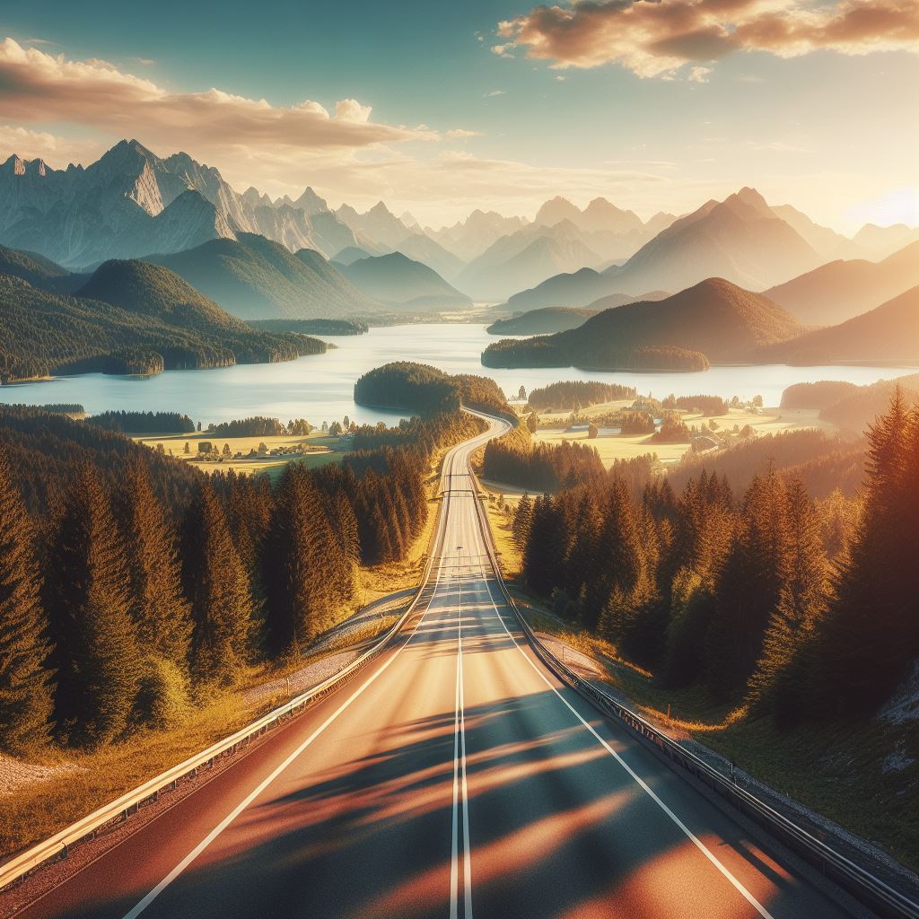 A scenic mountain highway with a winding road cutting through forested areas and alongside a lake, symbolizing the freedom and confidence of long-distance travel enabled by run-flat tire technology.
