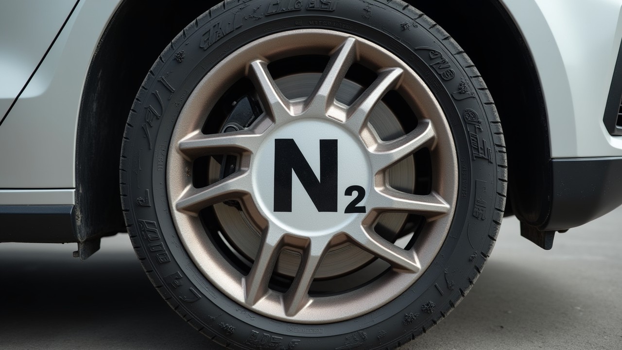A white metallic car, with a focus in its front wheel. There is a big N2 written in the middle of the rim, indicating that it's a nitrogen-filled car tire. 