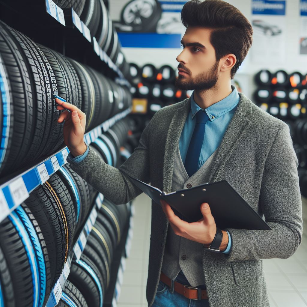A person with a notebook and a suit that checks on the tires in a tire shop. A lot of tires can be seen in the background. 