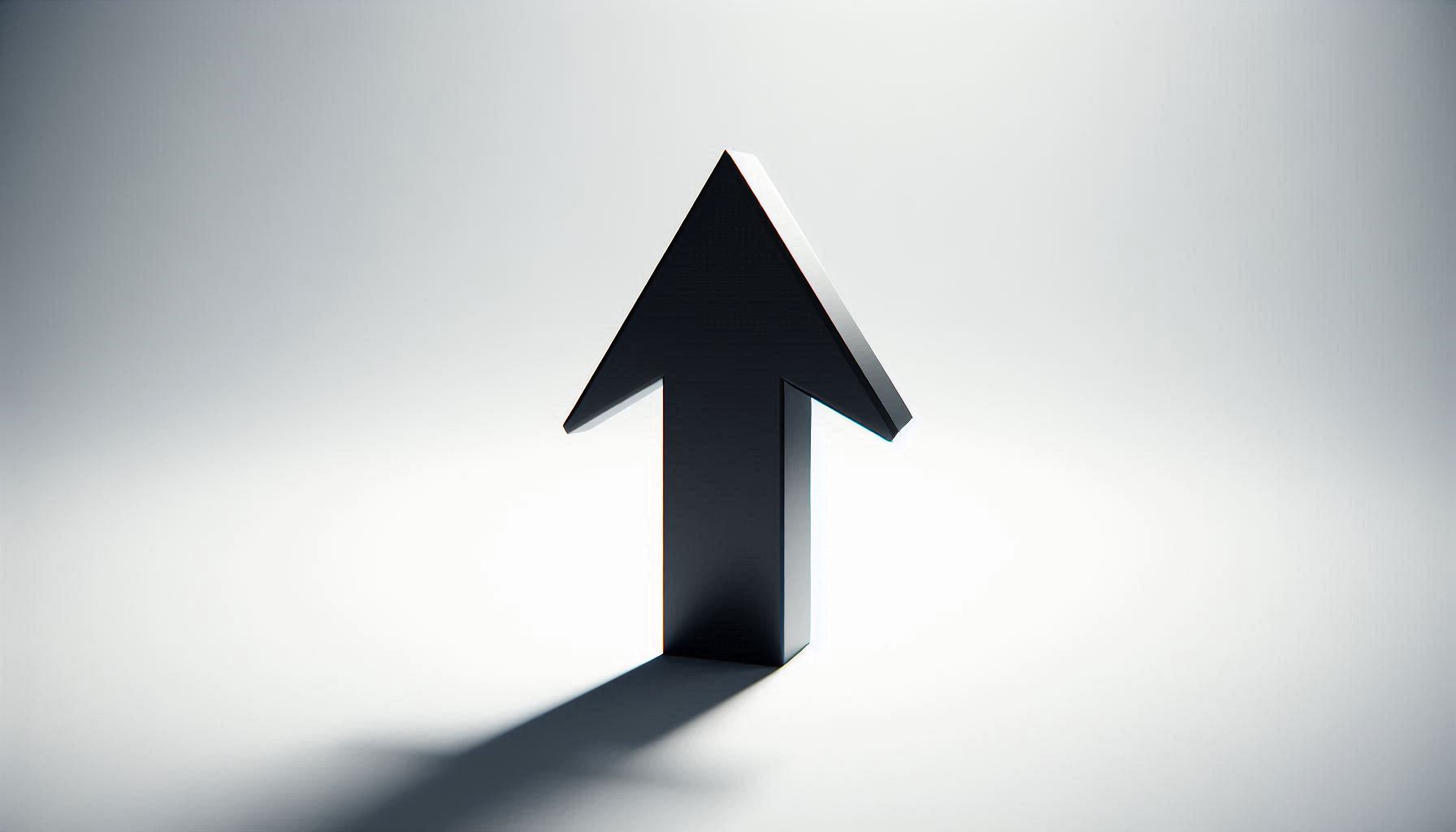 A black arrow looking upwards on a plain, simple and white background.