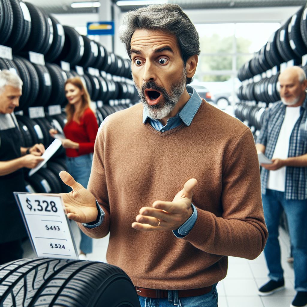 A surprised man looking at the price tag of a tire. 