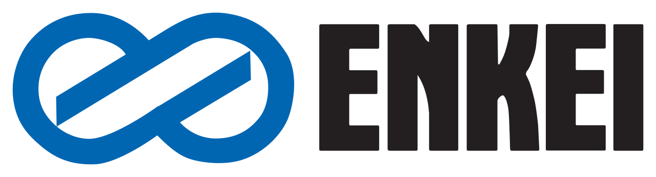Enkei Logo: A blue symbol next to big black letters that say "ENKEI".