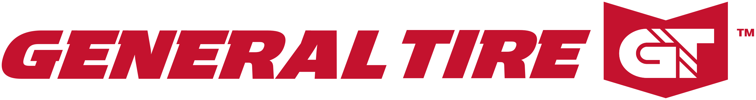 General Tire Logo. A red text and at the end there is a "GT" logo - a red background with white GT letters inside. 