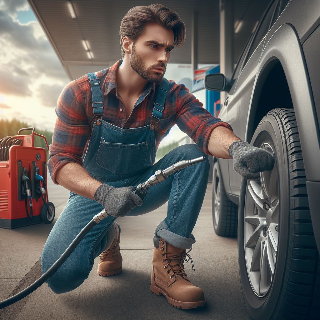 A man that is inflating his car tire in a gas station.