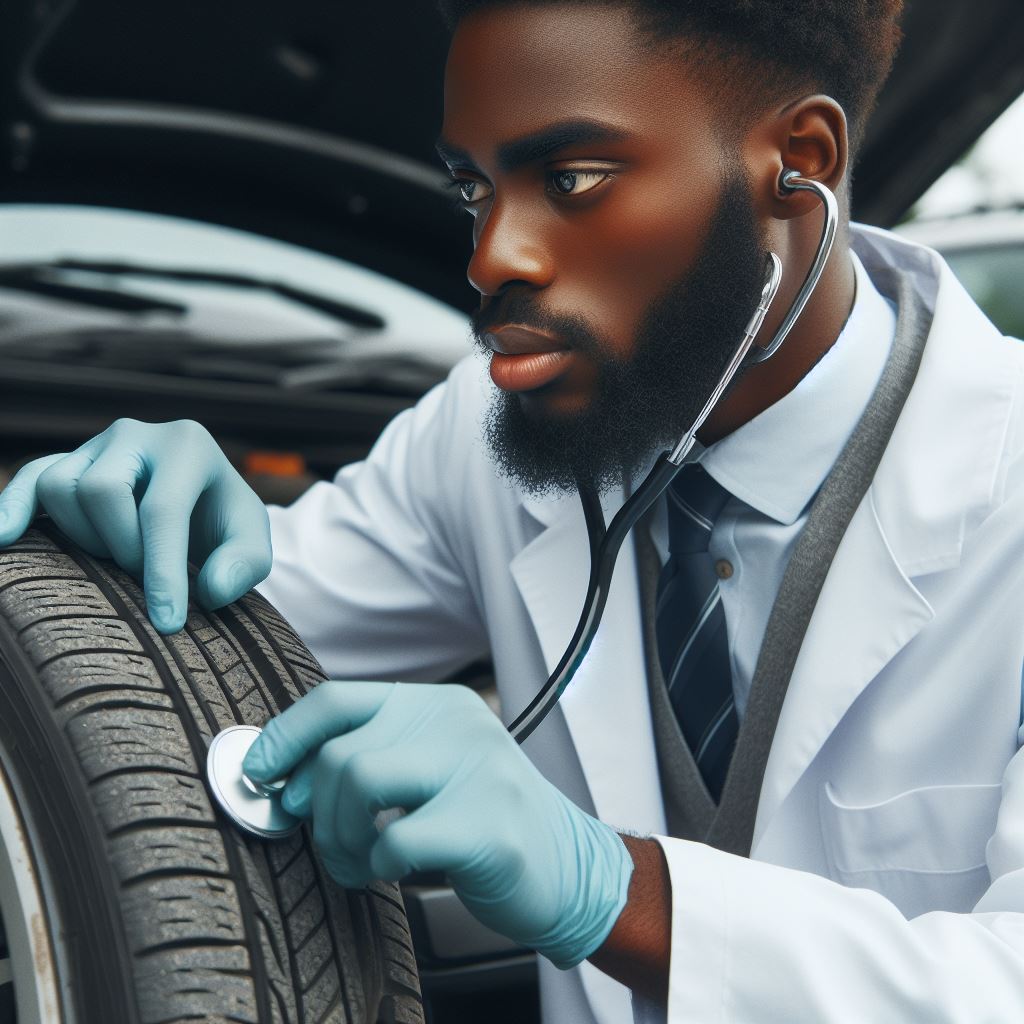 A person wearing a white lab coat, a grey suit vest, and a tie is shown with light blue gloves on their hands. They are holding a stethoscope and pressing the diaphragm against the tire tread of a car. The person is looking down at the tire with a serious, focused expression. The image is a visual metaphor for carefully diagnosing and inspecting a car tire's condition.