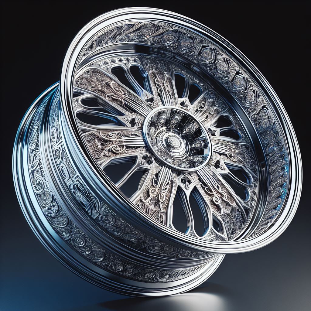 An artistic expression of a luxury and flashy, somehow fictional rim. The rim  is silver in color and decorated with different ornaments. 