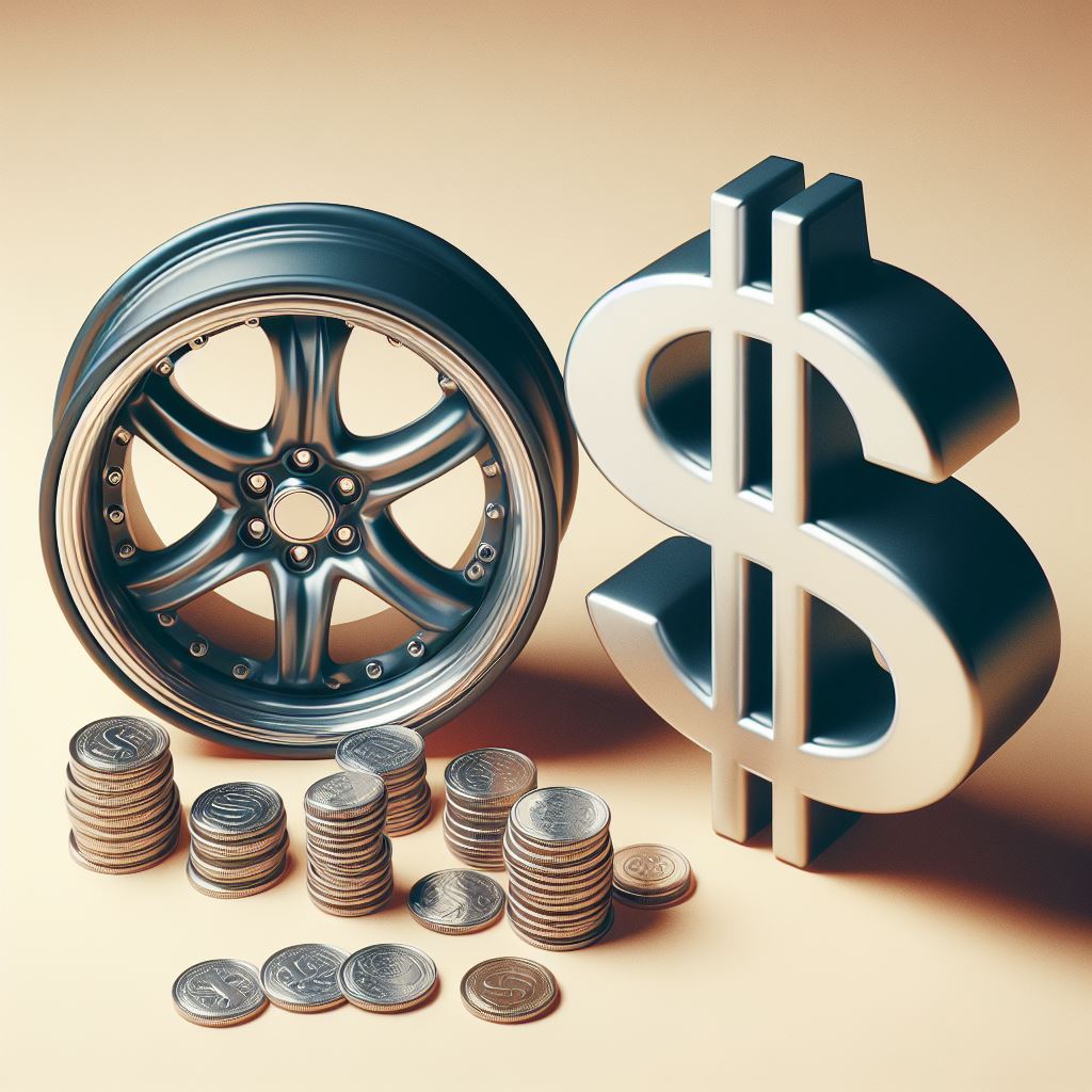 A polished, dark metallic car wheel rim with multiple spokes stands to the left of a large, shiny silver dollar sign. In front of the rim and dollar sign, various stacks of silver coins are neatly arranged on a smooth, light beige surface, suggesting savings or affordability. This image visually represents the concept of cost-effective options, relevant for an article discussing top 5 budget rim brands.