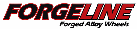The Forgeline logo: A dark red text reading: FORGE, then followed with a lighter red colored text reading LINE. Under them smaller black text that reads "Forged Alloy Wheels".