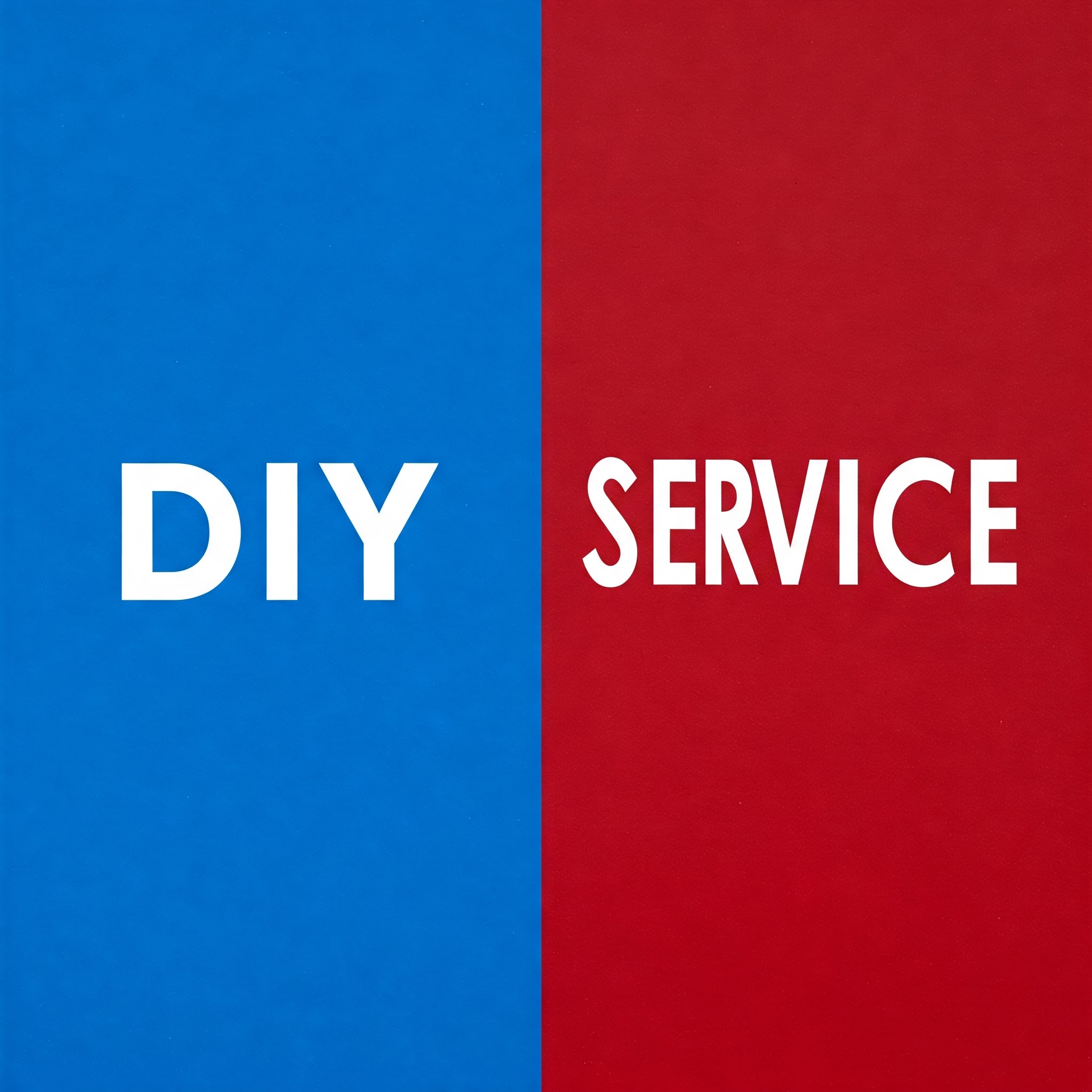 An image with text: On the left side the word DIY on a blue background. On the right side the word SERVICE on a red background. 