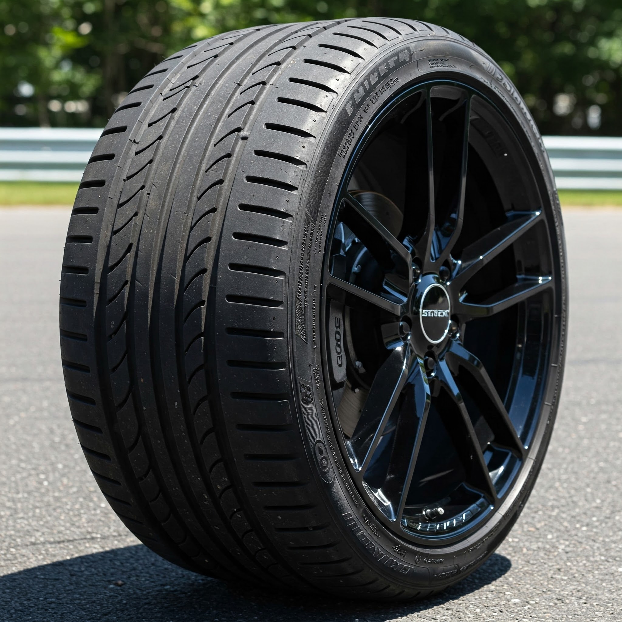 A performance tire fitted on a high-performance alloy wheel, placed on a track. The aggressive tread pattern with wide circumferential grooves and lateral notches is designed for enhanced grip and cornering stability at higher speeds.