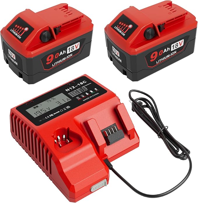 A set of two red batteries which read "9.0 Ah / 18v Lithium-ION" used for all 18m tools, along with a red battery charger with a cord. There is a display on the charger and some technical text next to it. 