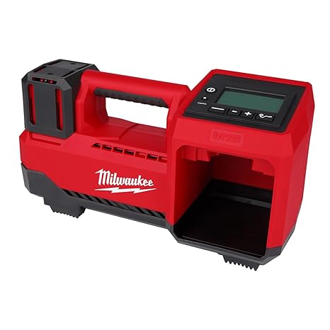 The Milwaukee portable tire inflator. A red tire inflator, with a display, buttons, a handle and place for the battery. The text "Milwaukee" can be seen on the inflator.