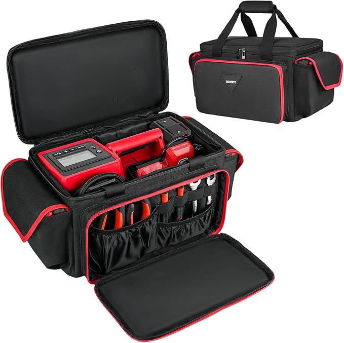 A black bag with red stripes used to store the Milwaukee tire inflator. Inside the bag the inflator with the charger can be seen, also, in the front pocket some wrenches and other tools can be seen.