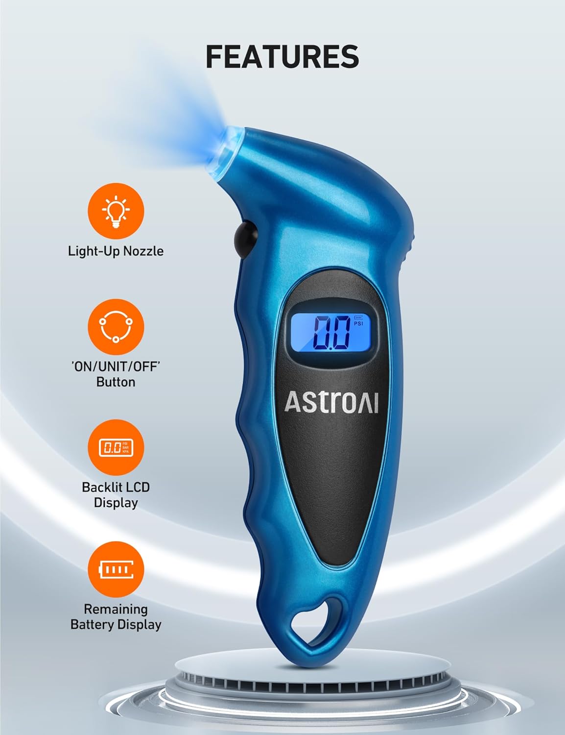 AstroAI digital tire pressure gauge in a metallic blue design, featuring a light-up nozzle for visibility in dark conditions, a backlit LCD display showing precise PSI readings, and a battery status indicator. The ergonomic design includes an ‘ON/UNIT/OFF’ button for easy operation, making it a useful tool for quick and accurate tire pressure checks.