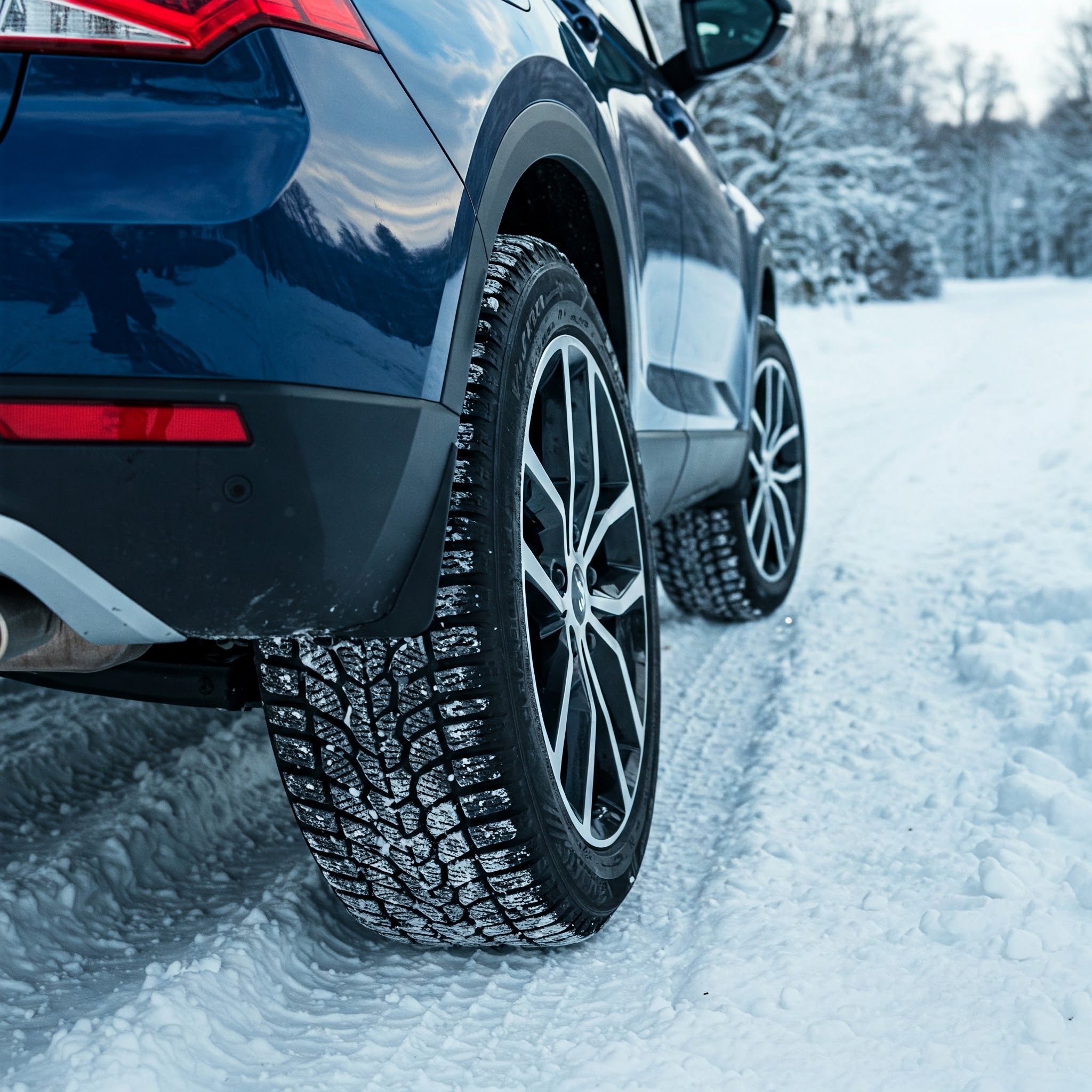 An image of a dark blue car with winter tires, indicated by the aggressive tread pattern filled with snow, providing superior traction and safety compared to all-season tires which would struggle in these conditions.