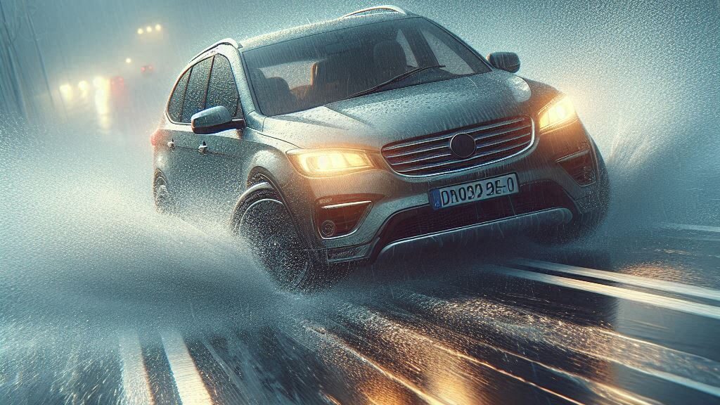 A family car sliding through wet road, splashing water.
