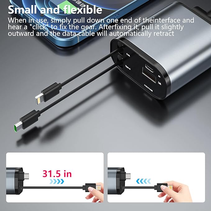 A photo showcasing a multi-port fast car phone charger with retractable cables. A blue phone can also be seen in the background. The image demonstrates the ease of use with a hand pulling out a cable, highlighting the charger's compact and flexible design.