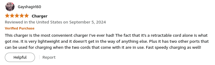 A photo showing a customer review. The review highlights the charger's retractable cord, lightweight design, multiple ports, and fast charging capabilities.