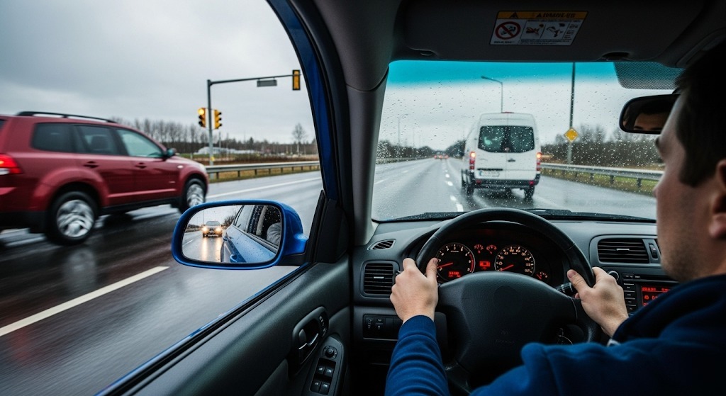 A photographic image taken from inside a car, showing the driver's perspective on a wet road. The driver's hands are on the steering wheel, and the side mirror shows a vehicle following too closely. This illustrates the concept of defensive driving in action, with the driver maintaining a safe distance and being aware of their surroundings.