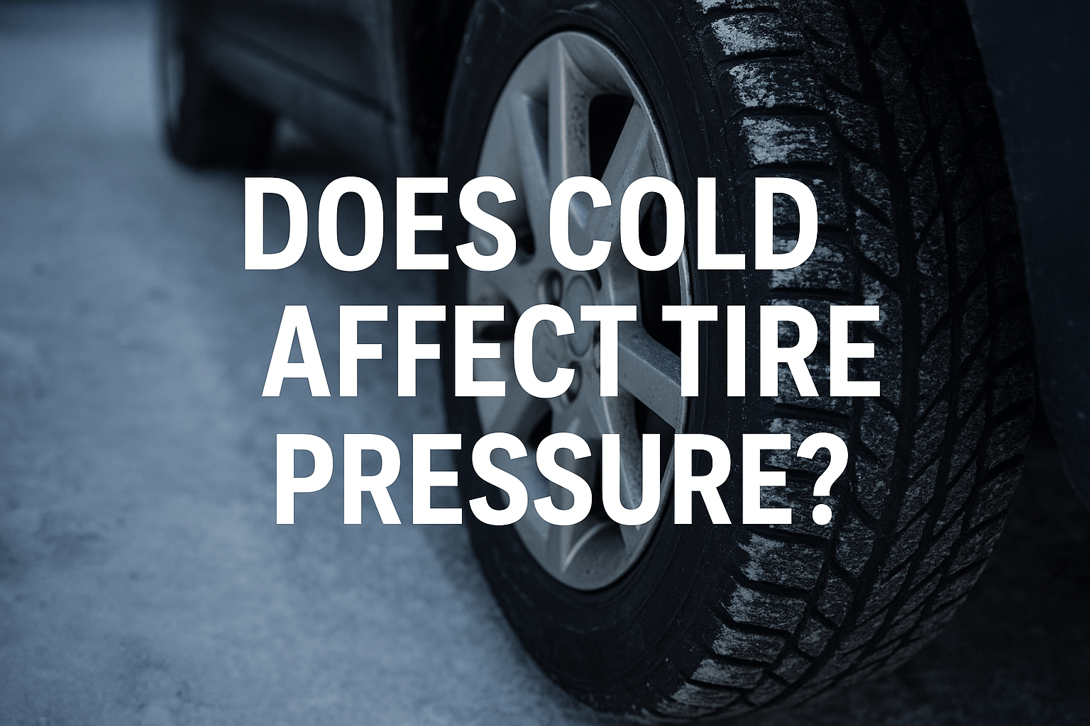 "A dramatic, low-light photograph, presented in cool blue and gray tones, showing a close-up of a car's wheel and tire. The vehicle is on a surface covered with a thin layer of snow or frost. Large, white, bold text is centrally overlaid on the image, asking: DOES COLD AFFECT TIRE PRESSURE?"