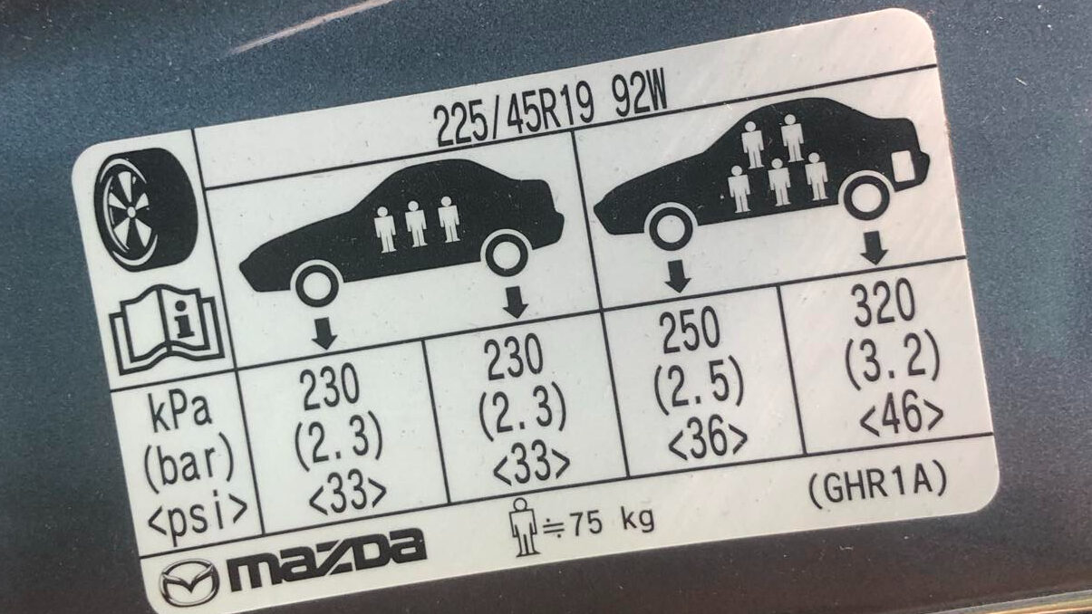 A white sticker with readings under the driver door's jamb. There are parameters written on it with the recommended tire pressure for the car under different circumstances.