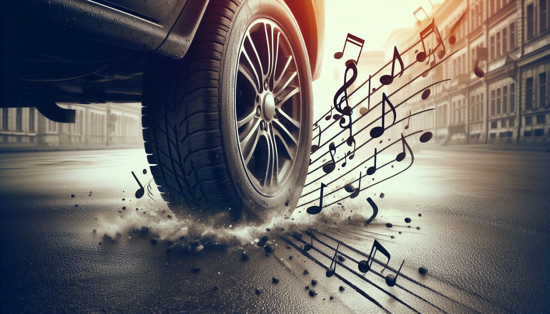 An artistic composition showing a car tire and wheel against a dramatic background, with musical notes appearing to emerge from where the tire meets the road surface. The image is a creative visualization of tire noise, with musical notation symbolically representing the sounds produced by tire-road contact.